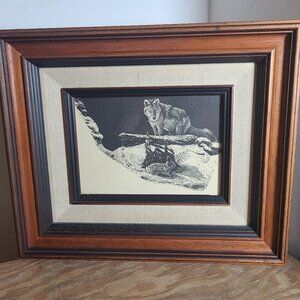 Mel Dobson Vintage Predator Prey Scratchboard Print Wolf Rabbit Framed 10x12